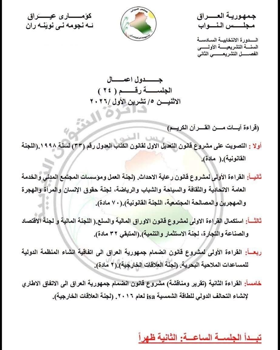 البرلمان العراقي يضع 5 ملفات على أجندة جلسة الاثنين